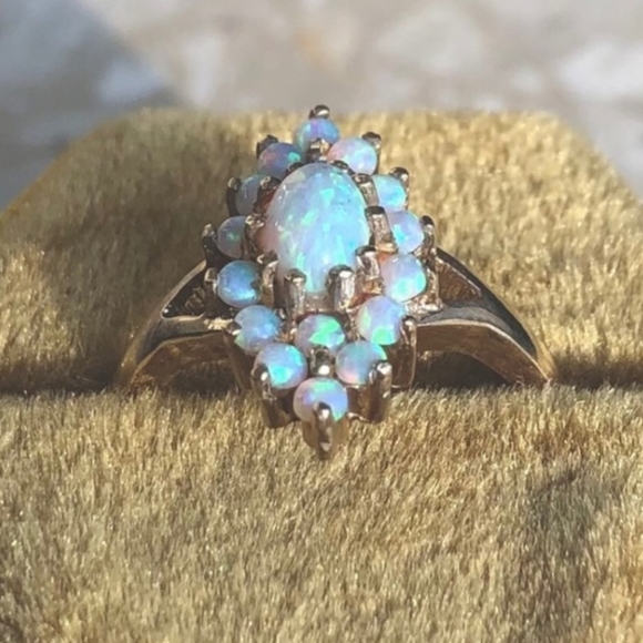 Fiery Opal Halo Marquise Shield Art Ring - Size 7.5 - Picture 4 of 8